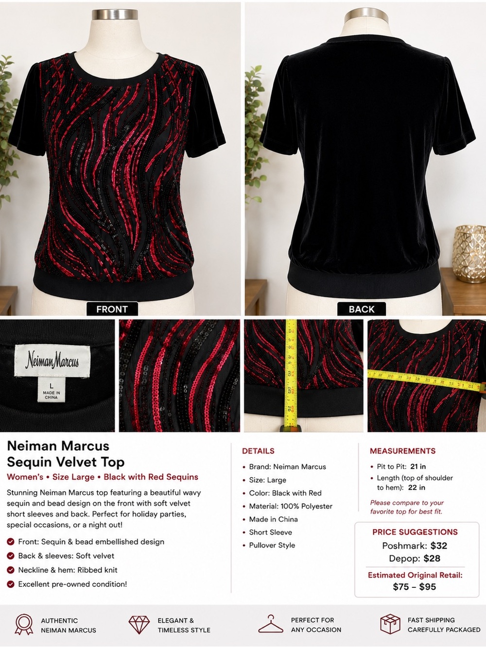 Neiman Marcus Black Velvet Short-Sleeve Top with Red Sequin Wave Detail